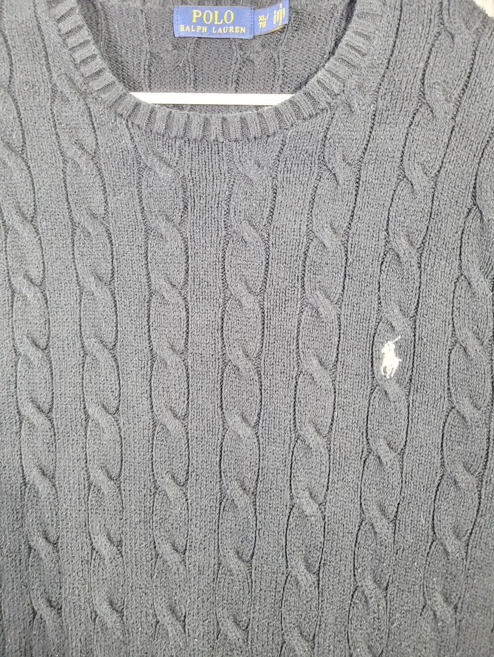 Polo Ralph Lauren Mens XL Cable Knit Cotton Crewneck Sweater Black White Pony